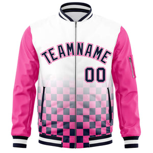 Custom White Navy-Pink Grid Varsity Full-Zip Color Block Letterman Raglan Sleeve Jacket