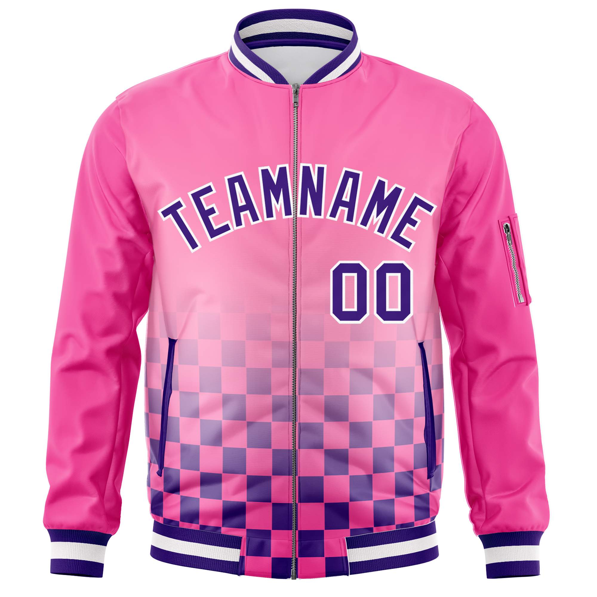 Custom Pink Purple-White Grid Varsity Full-Zip Color Block Letterman Bomber Jacket