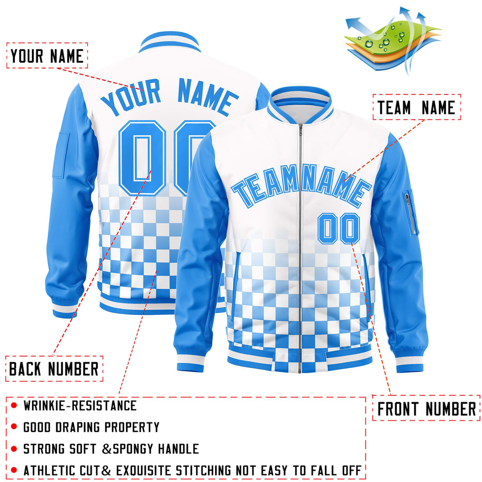 Custom White Powder Blue Grid Varsity Full-Zip Color Block Letterman Raglan Sleeve Jacket