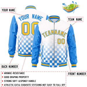 Custom White Gold-Powder Blue Grid Varsity Full-Zip Color Block Letterman Raglan Sleeve Jacket