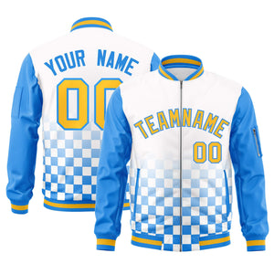 Custom White Gold-Powder Blue Grid Varsity Full-Zip Color Block Letterman Raglan Sleeve Jacket