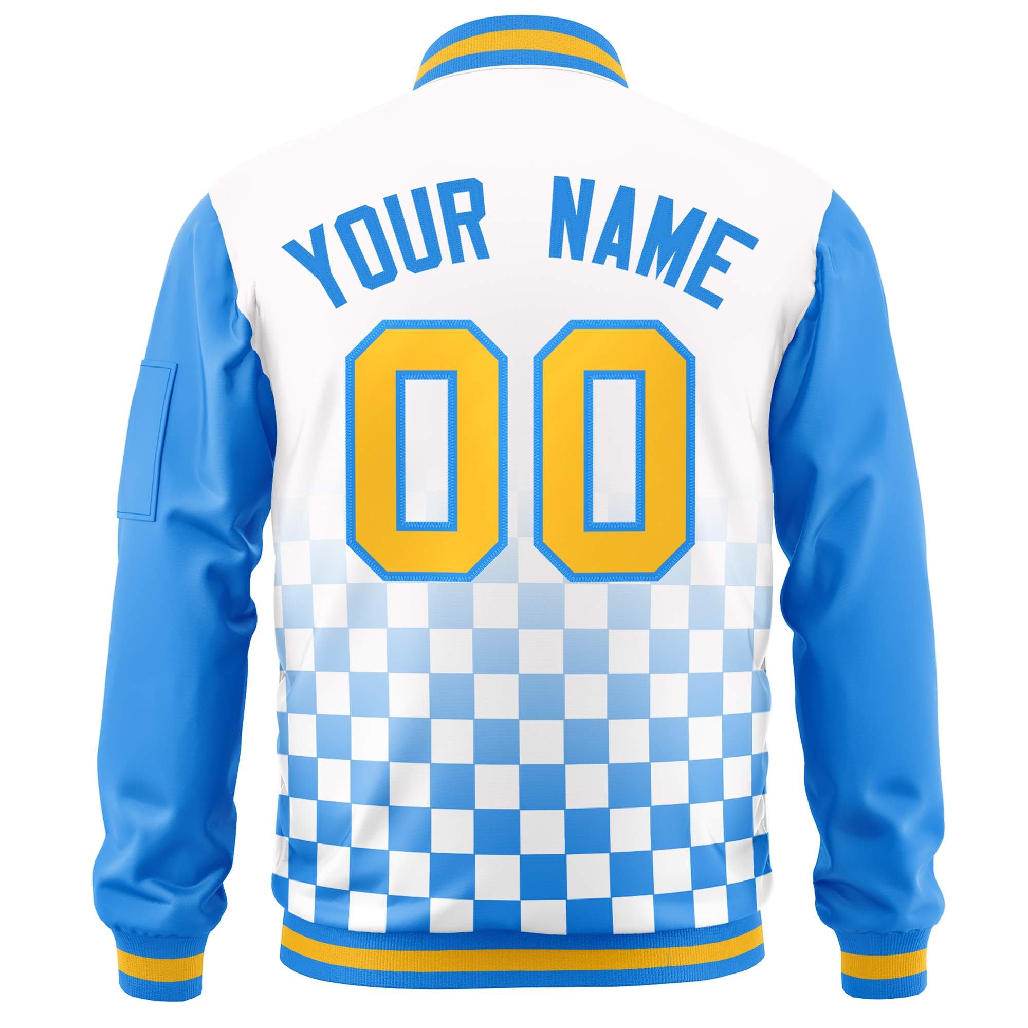 Custom White Gold-Powder Blue Grid Varsity Full-Zip Color Block Letterman Raglan Sleeve Jacket