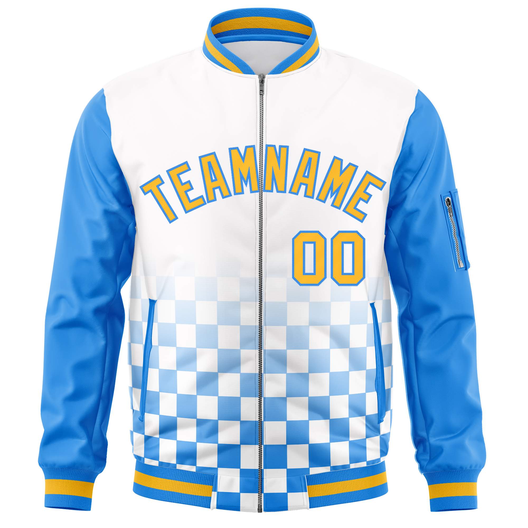 Custom White Gold-Powder Blue Grid Varsity Full-Zip Color Block Letterman Raglan Sleeve Jacket