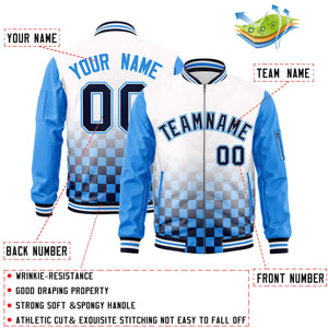 Custom White Navy-Powder Blue Grid Varsity Full-Zip Color Block Letterman Raglan Sleeve Jacket