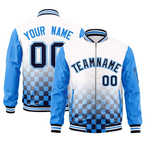 Custom White Navy-Powder Blue Grid Varsity Full-Zip Color Block Letterman Raglan Sleeve Jacket