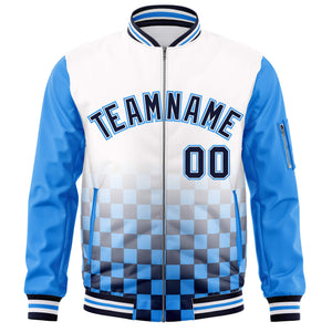 Custom White Navy-Powder Blue Grid Varsity Full-Zip Color Block Letterman Raglan Sleeve Jacket