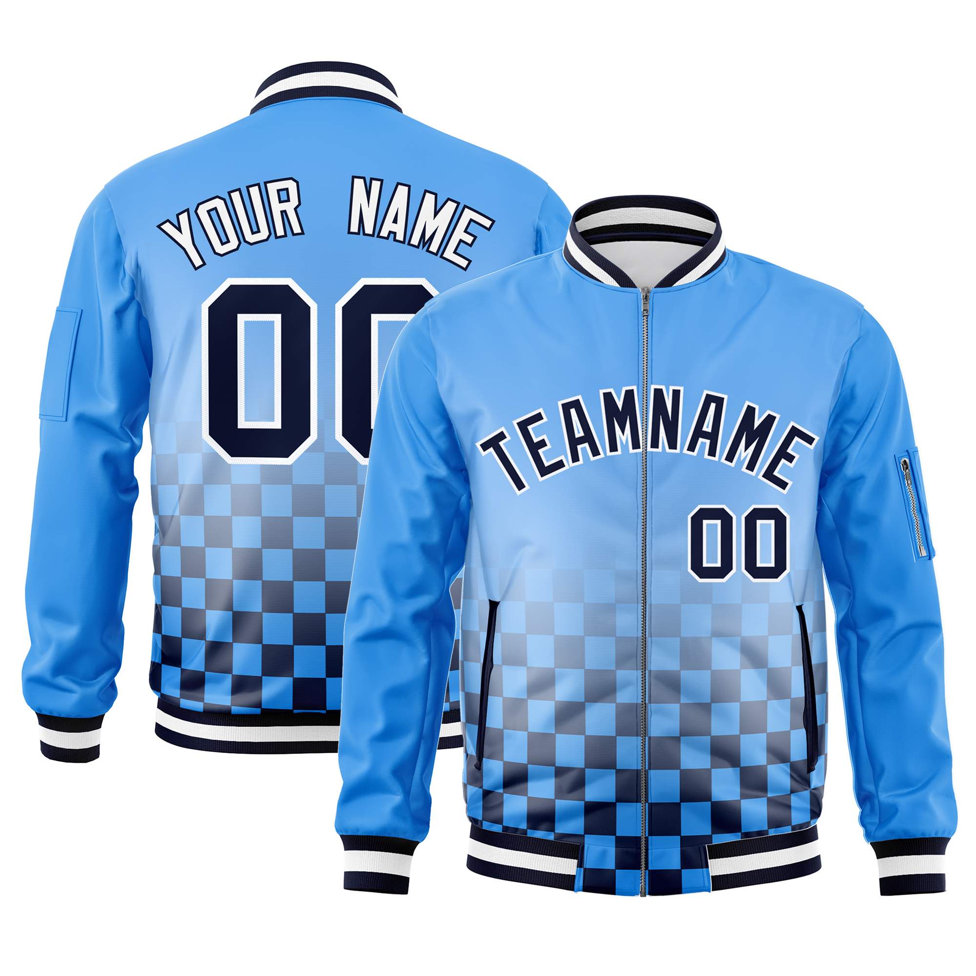 Custom Powder Blue Navy-White Grid Varsity Full-Zip Color Block Letterman Bomber Jacket