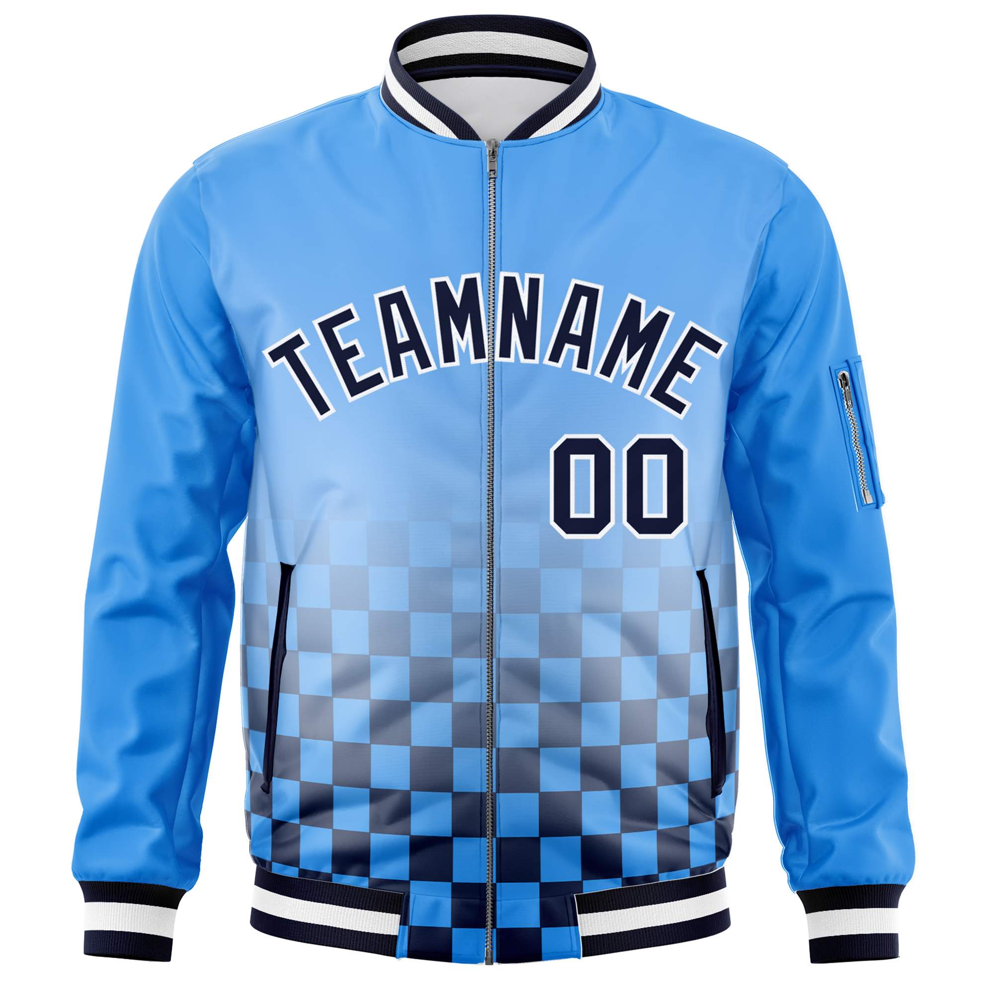 Custom Powder Blue Navy-White Grid Varsity Full-Zip Color Block Letterman Bomber Jacket