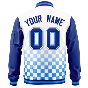 Custom White Royal-Powder Blue Grid Varsity Full-Zip Color Block Letterman Raglan Sleeve Jacket