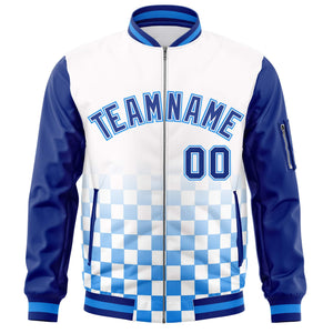 Custom White Royal-Powder Blue Grid Varsity Full-Zip Color Block Letterman Raglan Sleeve Jacket