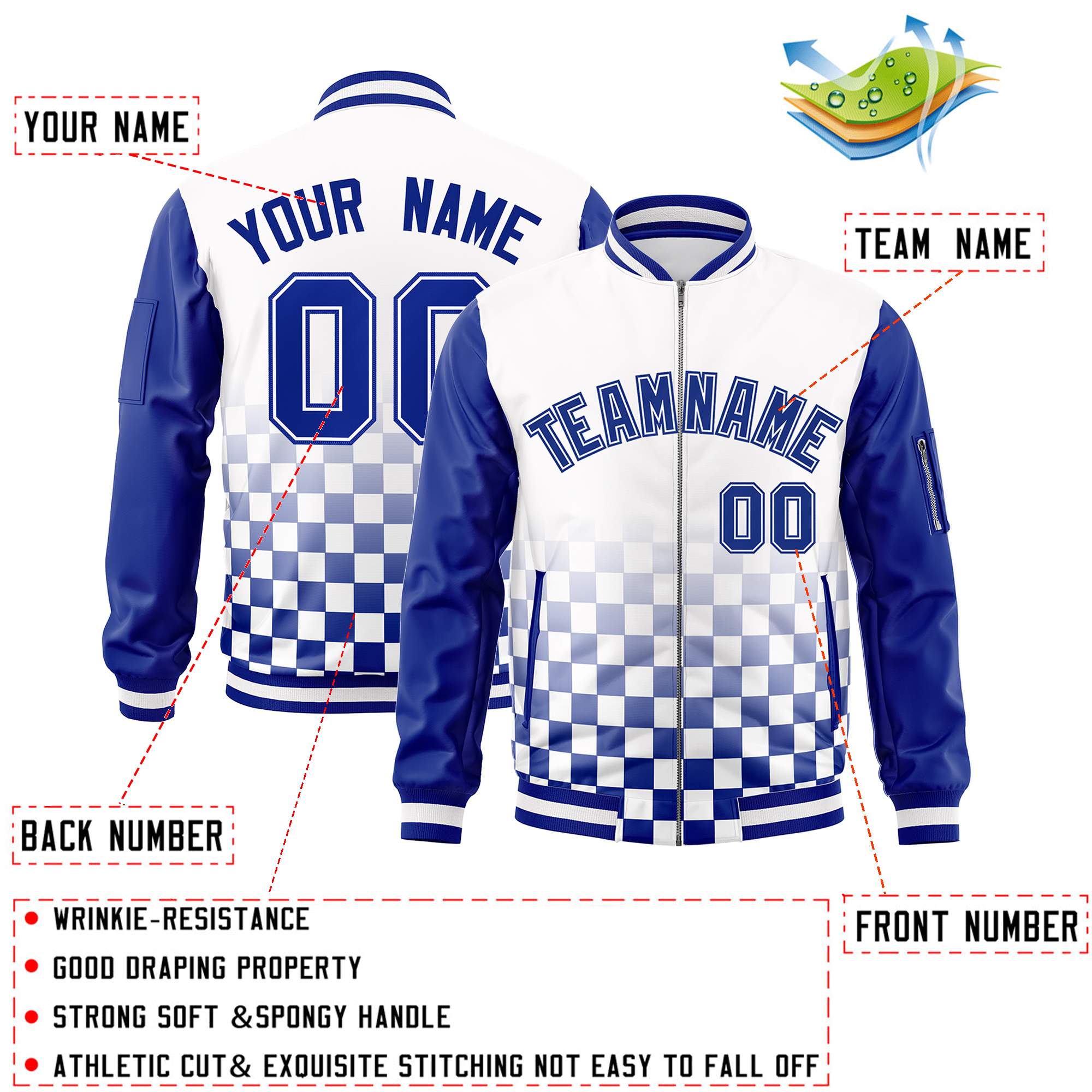 Custom White Royal Grid Varsity Full-Zip Color Block Letterman Raglan Sleeve Jacket