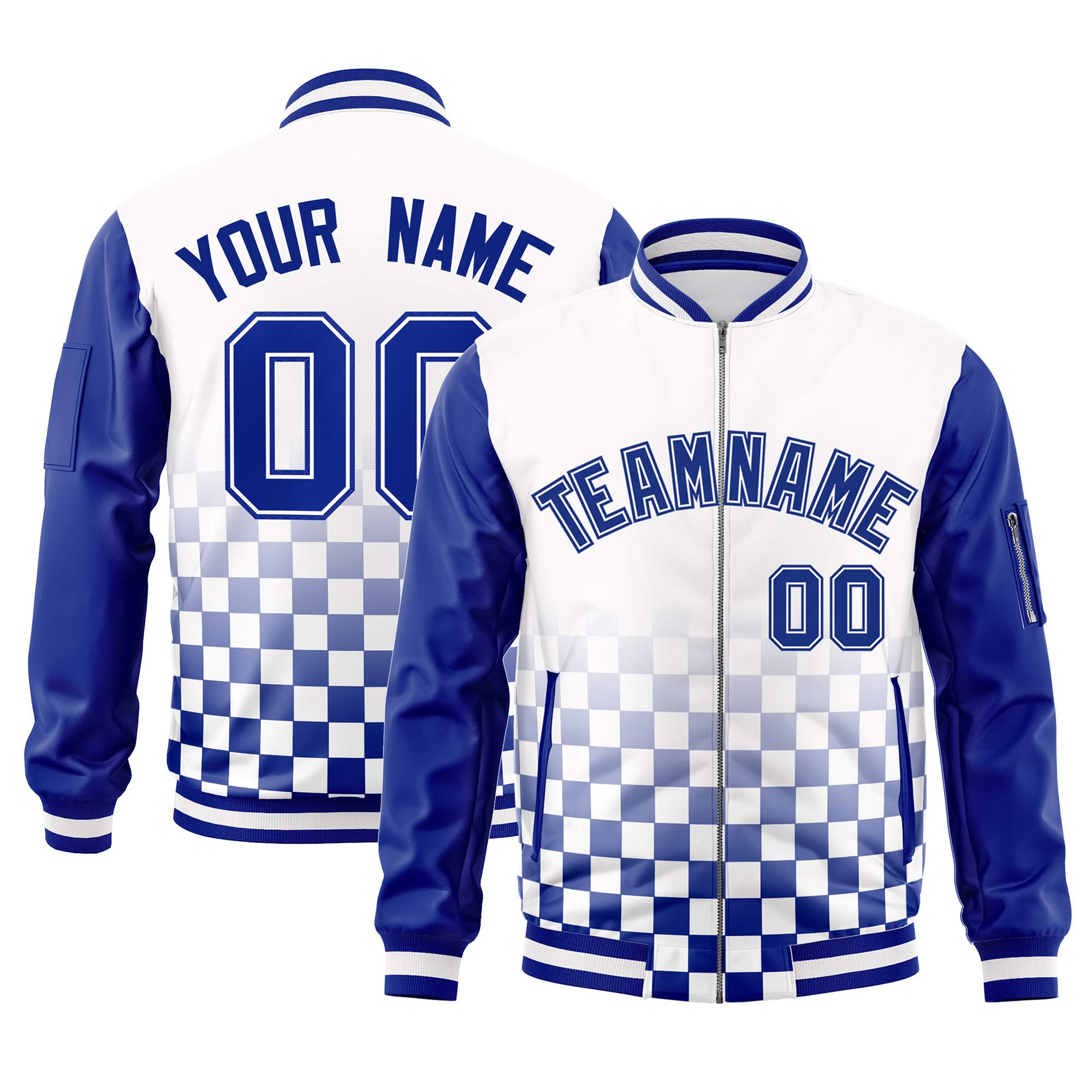 Custom White Royal Grid Varsity Full-Zip Color Block Letterman Raglan Sleeve Jacket