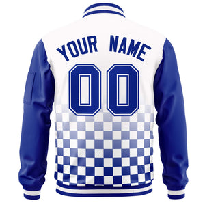 Custom White Royal Grid Varsity Full-Zip Color Block Letterman Raglan Sleeve Jacket