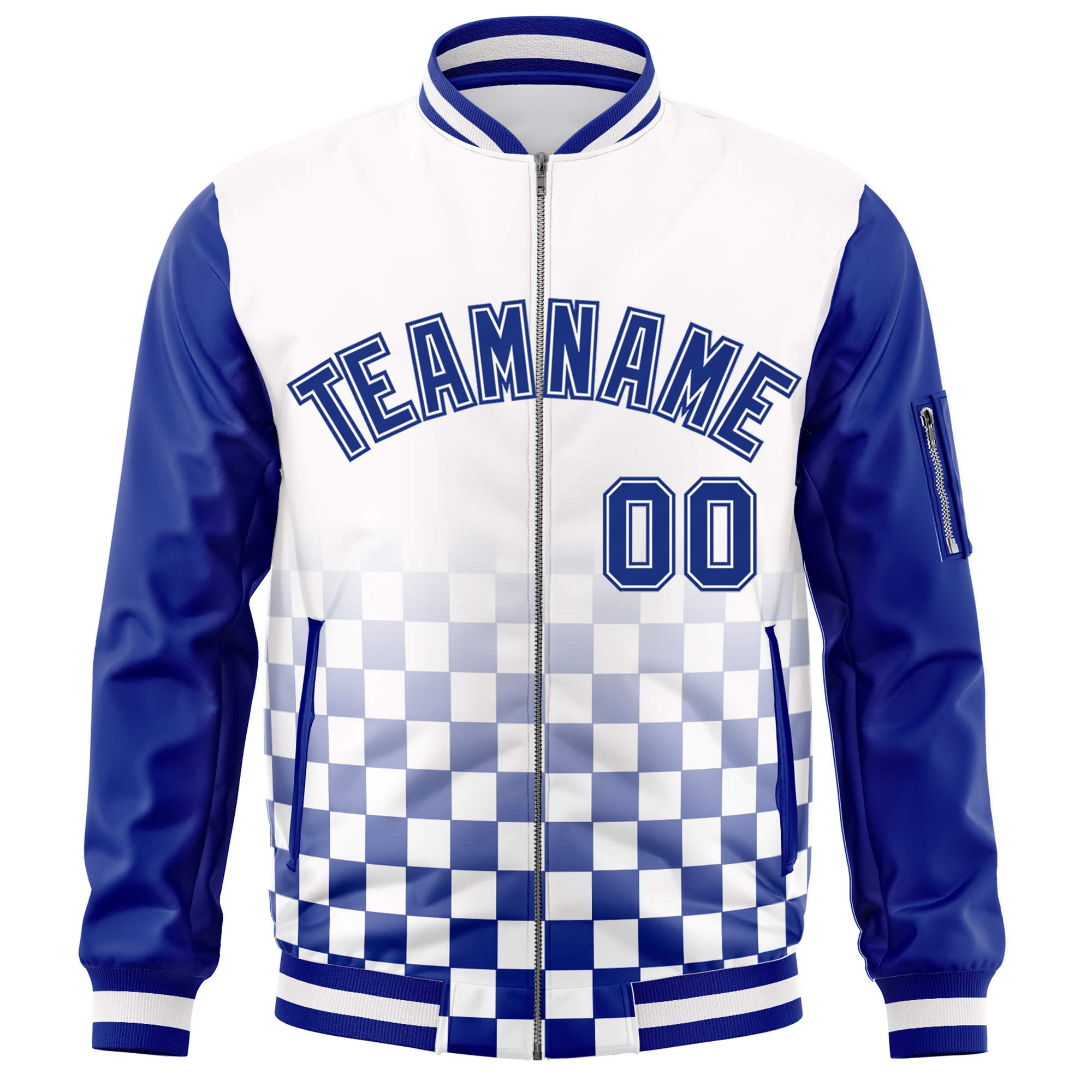 Custom White Royal Grid Varsity Full-Zip Color Block Letterman Raglan Sleeve Jacket