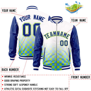 Custom White Royal-Neon Green Grid Varsity Full-Zip Color Block Letterman Raglan Sleeve Jacket