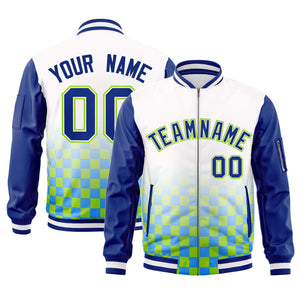 Custom White Royal-Neon Green Grid Varsity Full-Zip Color Block Letterman Raglan Sleeve Jacket