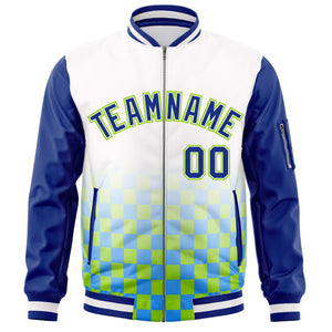 Custom White Royal-Neon Green Grid Varsity Full-Zip Color Block Letterman Raglan Sleeve Jacket