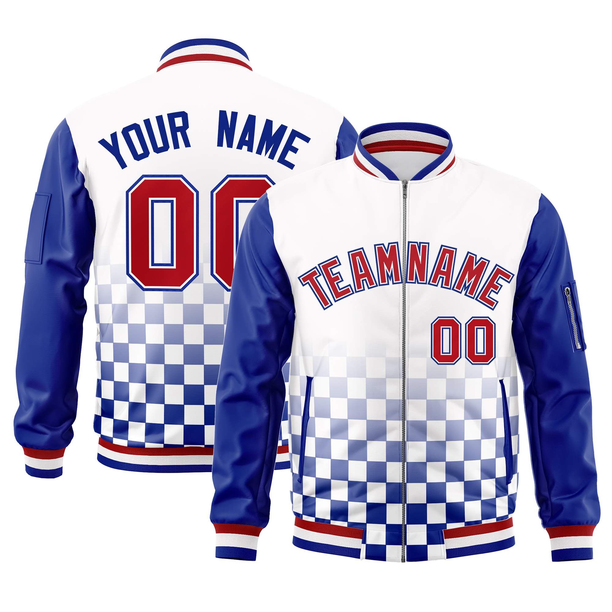 Custom White Red-Royal Grid Varsity Full-Zip Color Block Letterman Raglan Sleeve Jacket