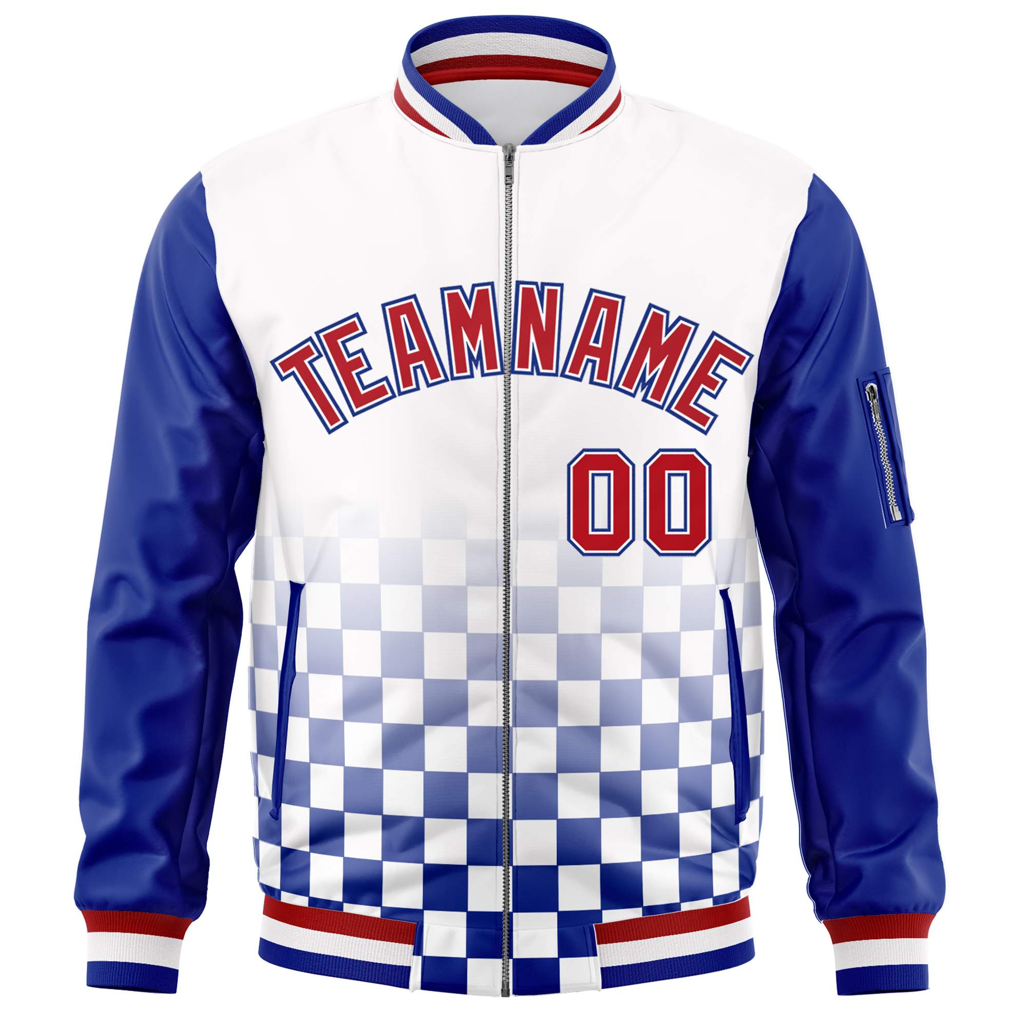 Custom White Red-Royal Grid Varsity Full-Zip Color Block Letterman Raglan Sleeve Jacket