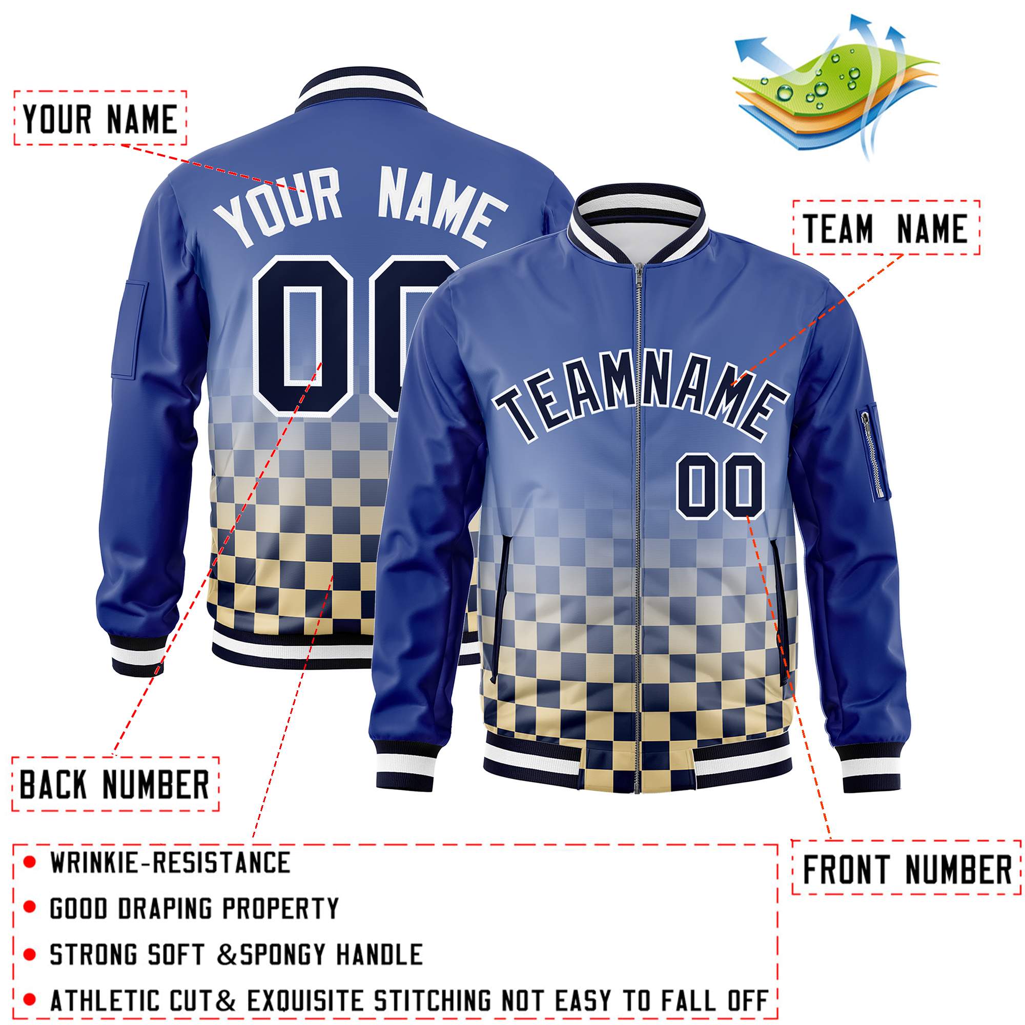 Custom Royal Navy-White Grid Varsity Full-Zip Color Block Letterman Bomber Jacket