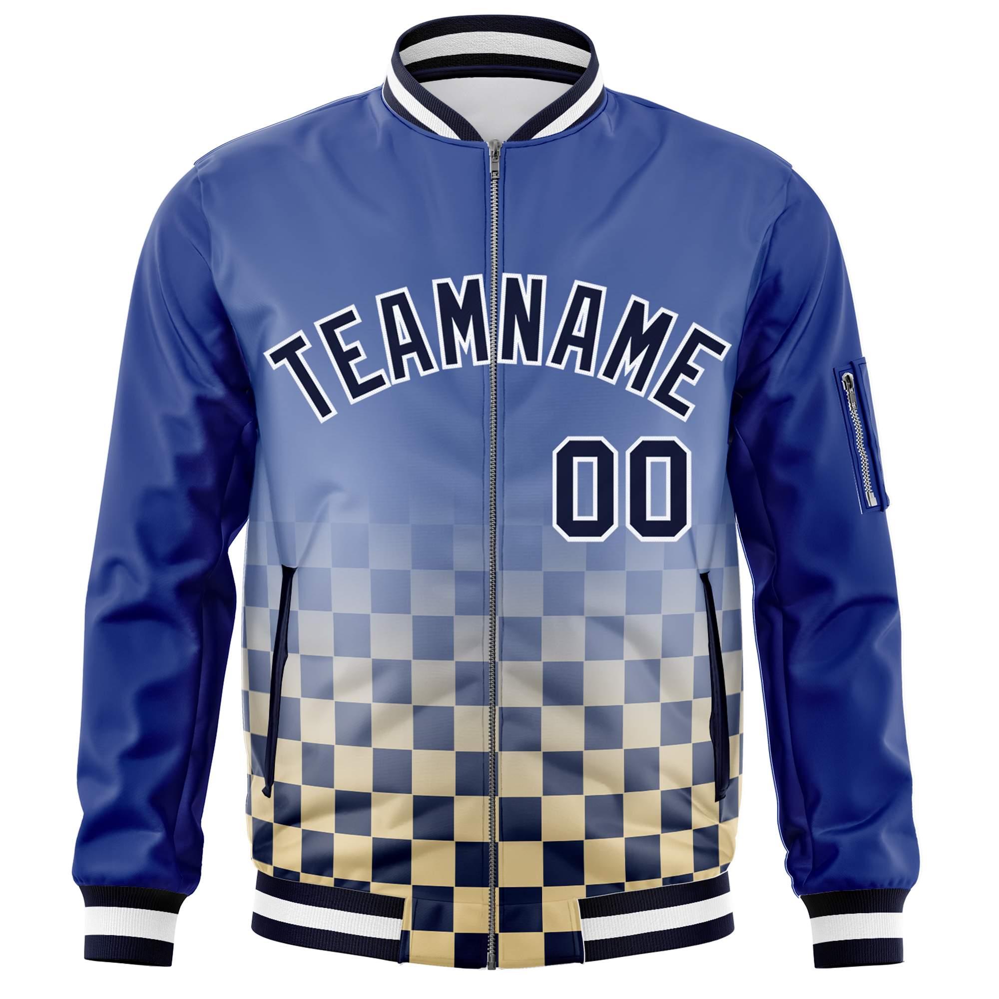 Custom Royal Navy-White Grid Varsity Full-Zip Color Block Letterman Bomber Jacket