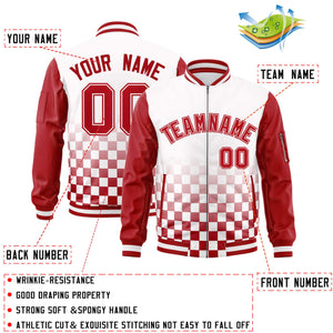 Custom White Red Grid Varsity Full-Zip Color Block Letterman Raglan Sleeve Jacket