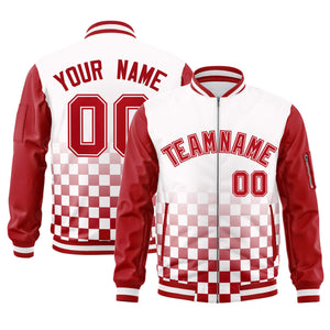 Custom White Red Grid Varsity Full-Zip Color Block Letterman Raglan Sleeve Jacket