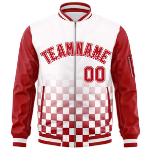 Custom White Red Grid Varsity Full-Zip Color Block Letterman Raglan Sleeve Jacket