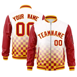 Custom White Red-Gold Grid Varsity Full-Zip Color Block Letterman Raglan Sleeve Jacket