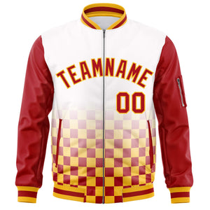 Custom White Red-Gold Grid Varsity Full-Zip Color Block Letterman Raglan Sleeve Jacket