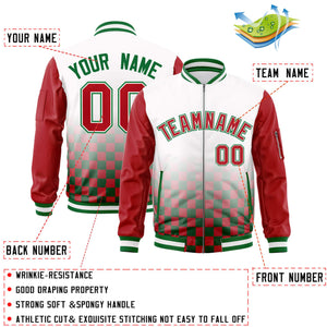 Custom White Red-Kelly Green Grid Varsity Full-Zip Color Block Letterman Raglan Sleeve Jacket