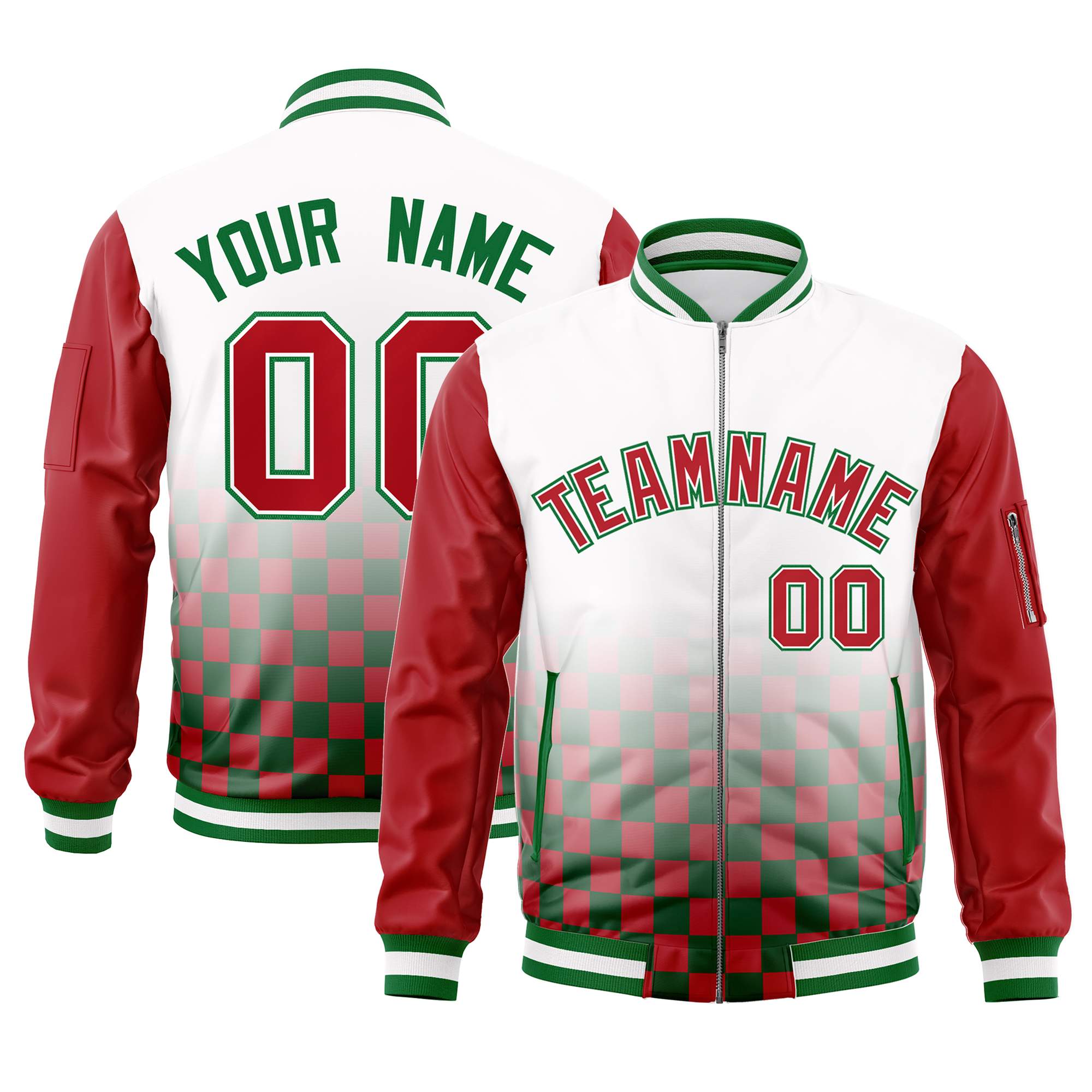 Custom White Red-Kelly Green Grid Varsity Full-Zip Color Block Letterman Raglan Sleeve Jacket