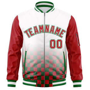 Custom White Red-Kelly Green Grid Varsity Full-Zip Color Block Letterman Raglan Sleeve Jacket