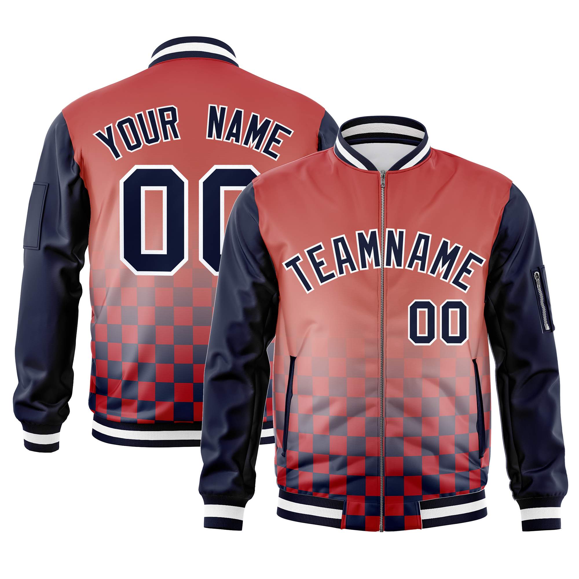 Custom Red Navy-White Grid Varsity Full-Zip Color Block Letterman Raglan Sleeve Jacket