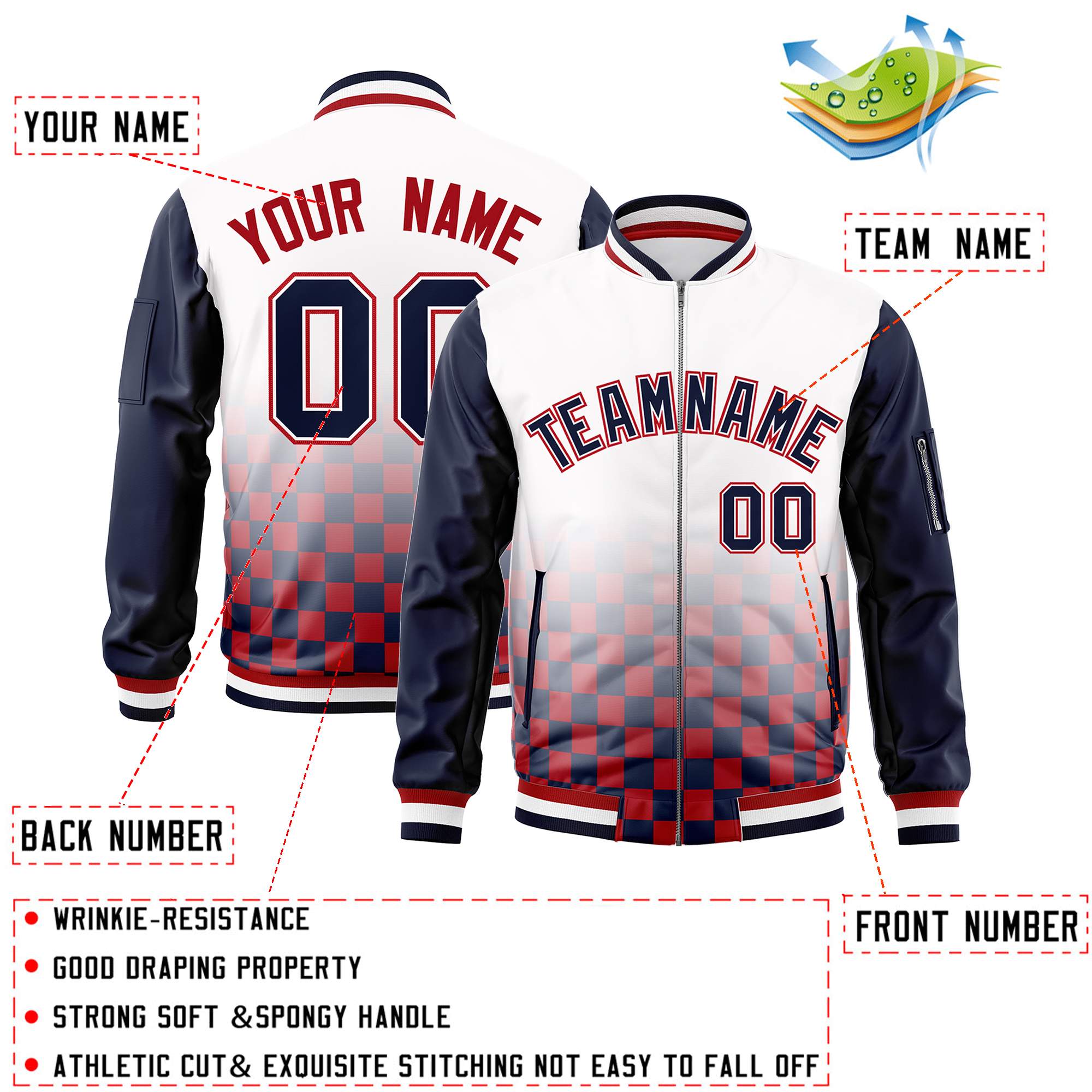 Custom White Navy-Red Grid Varsity Full-Zip Color Block Letterman Raglan Sleeve Jacket