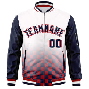 Custom White Navy-Red Grid Varsity Full-Zip Color Block Letterman Raglan Sleeve Jacket