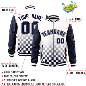 Custom White Navy Grid Varsity Full-Zip Color Block Letterman Raglan Sleeve Jacket