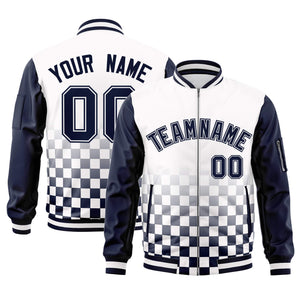 Custom White Navy Grid Varsity Full-Zip Color Block Letterman Raglan Sleeve Jacket