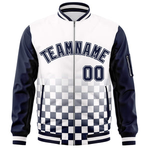 Custom White Navy Grid Varsity Full-Zip Color Block Letterman Raglan Sleeve Jacket