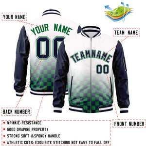 Custom White Navy-Kelly Green Grid Varsity Full-Zip Color Block Letterman Raglan Sleeve Jacket