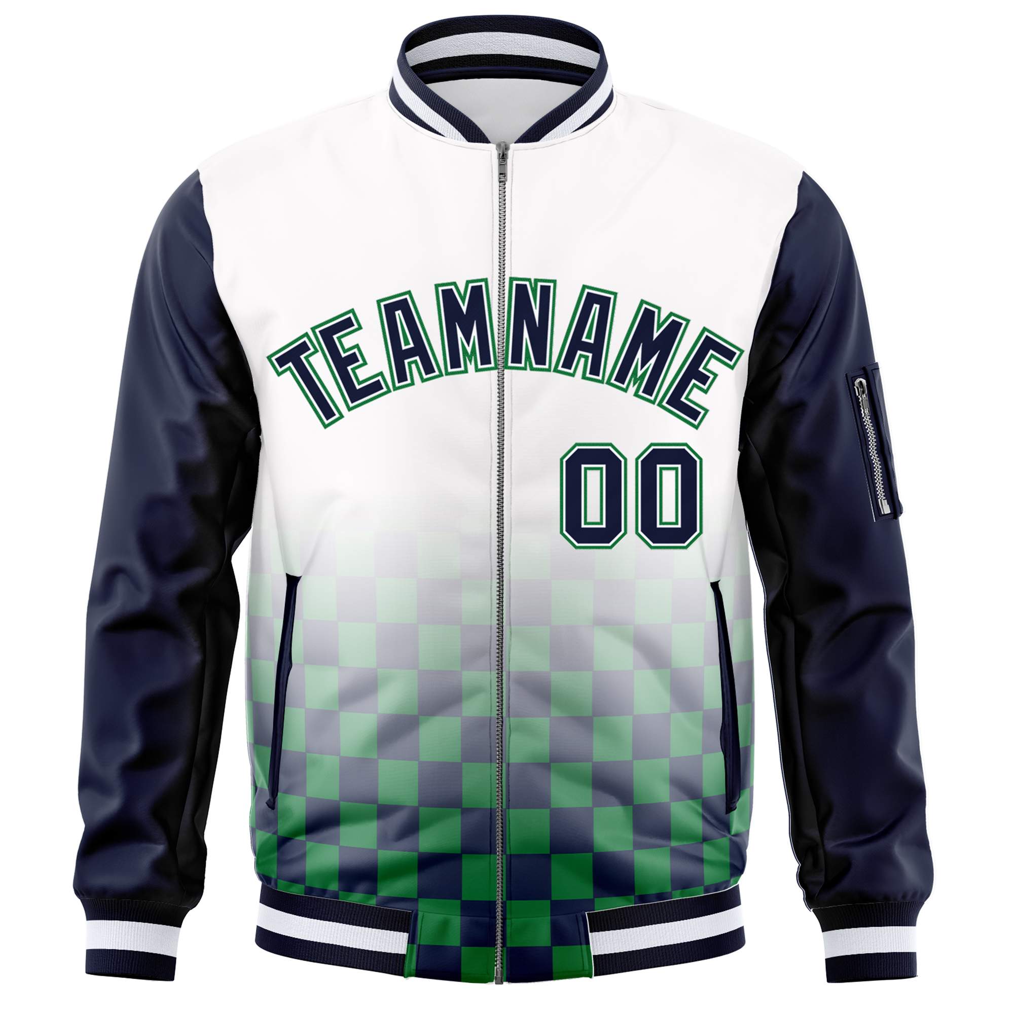 Custom White Navy-Kelly Green Grid Varsity Full-Zip Color Block Letterman Raglan Sleeve Jacket