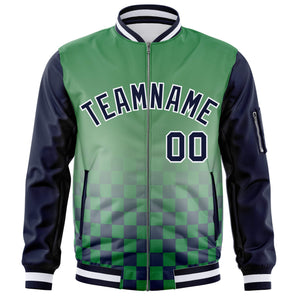 Custom Kelly Green Navy-White Grid Varsity Full-Zip Color Block Letterman Raglan Sleeve Jacket