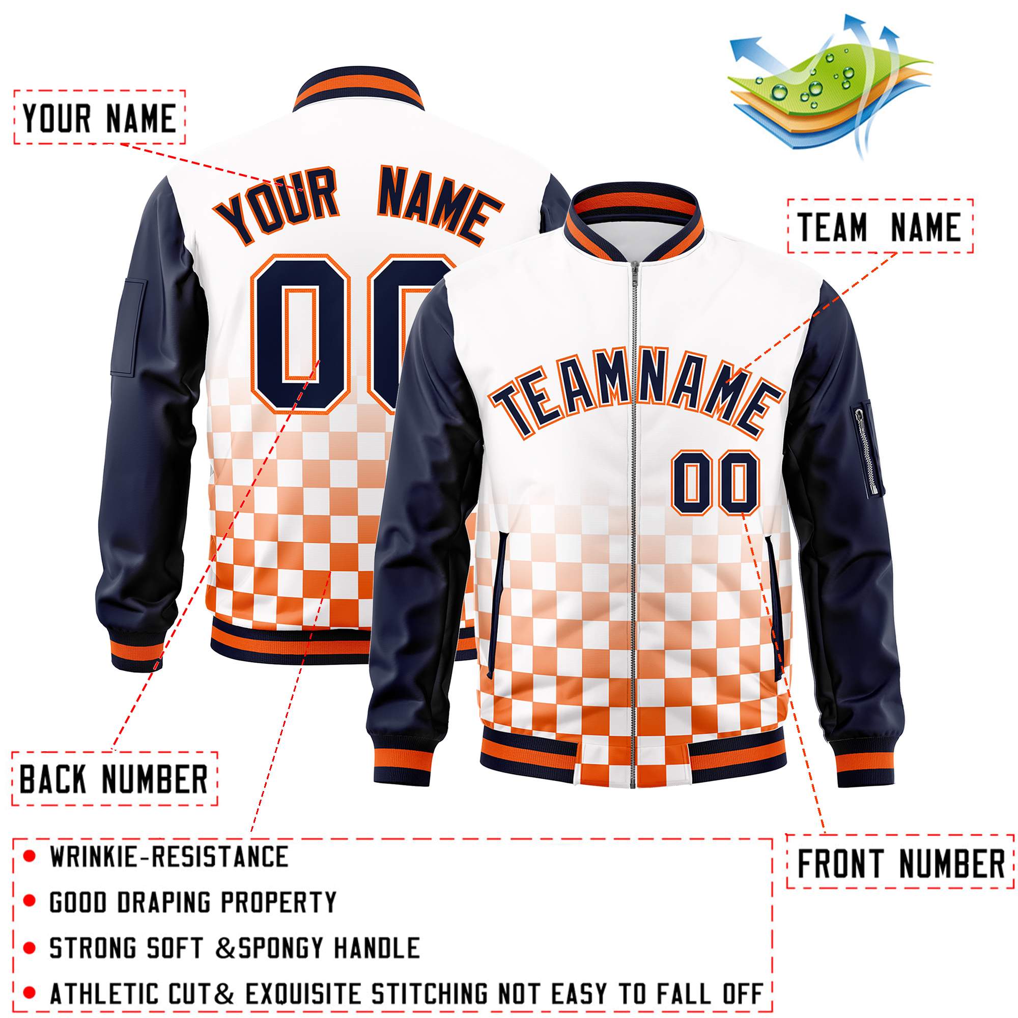 Custom White Navy-Orange Grid Varsity Full-Zip Color Block Letterman Raglan Sleeve Jacket