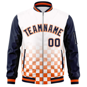 Custom White Navy-Orange Grid Varsity Full-Zip Color Block Letterman Raglan Sleeve Jacket