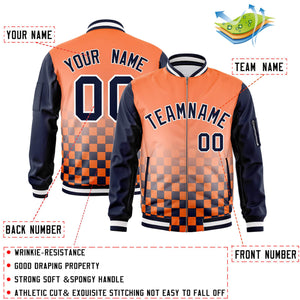 Custom Orange Navy-White Grid Varsity Full-Zip Color Block Letterman Raglan Sleeve Jacket