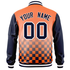 Custom Orange Navy-White Grid Varsity Full-Zip Color Block Letterman Raglan Sleeve Jacket