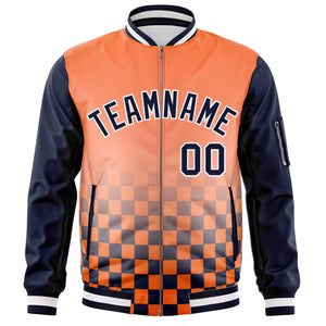 Custom Orange Navy-White Grid Varsity Full-Zip Color Block Letterman Raglan Sleeve Jacket