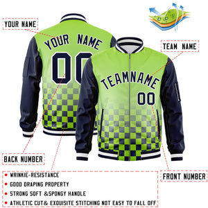 Custom Neon Green Navy-White Grid Varsity Full-Zip Color Block Letterman Raglan Sleeve Jacket