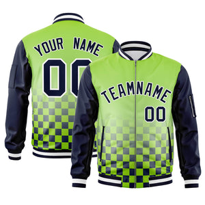 Custom Neon Green Navy-White Grid Varsity Full-Zip Color Block Letterman Raglan Sleeve Jacket