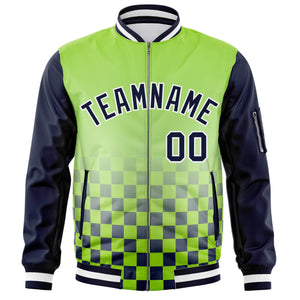 Custom Neon Green Navy-White Grid Varsity Full-Zip Color Block Letterman Raglan Sleeve Jacket